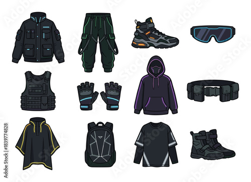 Futuristic Tactical Clothing Set: Techwear Fashion Collection Displayed