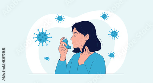Young woman using an asthma inhaler to treat breathing problems, with stylized blue virus or allergen particles in the background.