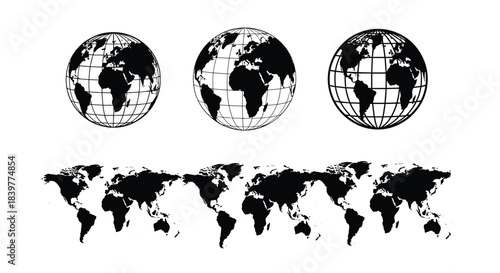 Collection of black and white world map graphics, including different globe projections and flat Mercator projection world maps.