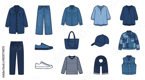Collection of Stylish Denim Garments and Accessories on a White Layout