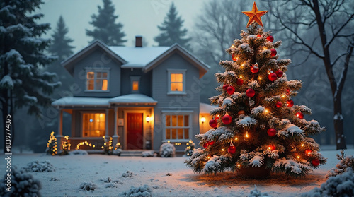 house front Christmas tree decoration and gold glowing lights with snow background 