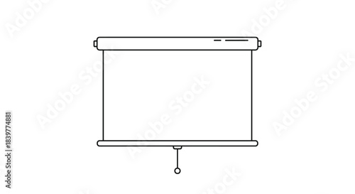 Minimalist black outline icon of a pull-down projector screen for presentations, movies, or meetings, isolated on a white background.