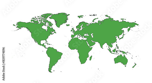 Flat green silhouette of a world map showing all the continents, isolated on a white background for geography or environmental concepts.