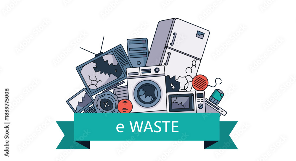 Obraz premium E-waste concept illustration with a pile of broken and discarded electronic devices and a green banner with the text 'e WASTE'.