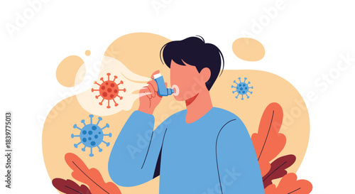 Young man using an asthma inhaler for respiratory relief, surrounded by abstract foliage and stylized virus or allergen particles.