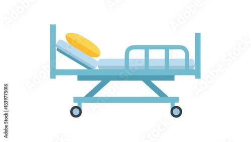 Light Blue Hospital Bed with Yellow Pillow and Wheels on a Black Background Isolated Vector Illustration