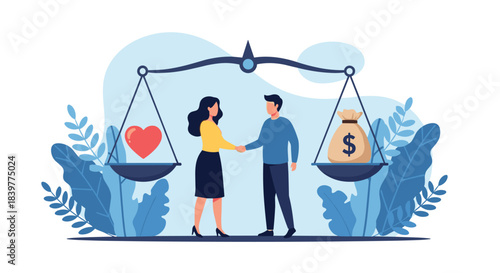 A man and a woman shaking hands in front of a balanced scale with a heart on one side and a bag of money on the other.