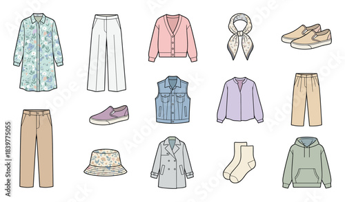 Collection of Women's Casual Outfits and Accessories Isolated on White