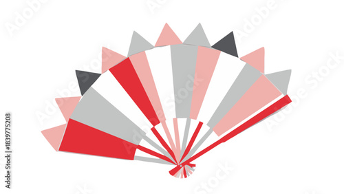 Japanese Style Folding Fan With Red White And Grey Geometric Patterns Open In Semi Circle Shape Against A Solid Black Background With Sharp Edges