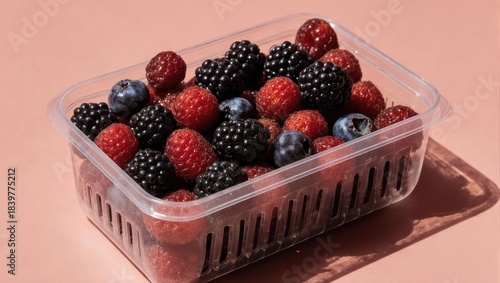 Fresh Mixed Berries in Plastic Container on Pink Background.