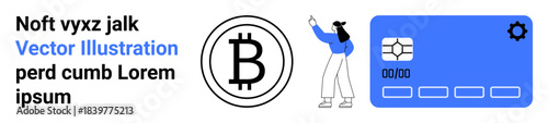 Bitcoin logo, woman pointing at a credit card interface with settings gear. Ideal for cryptocurrency, fintech, digital wallet, e-commerce, blockchain, finance, simple landing page