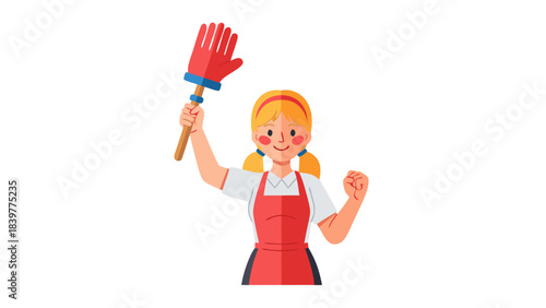 Joyful Young Woman With Blonde Pigtails Wearing Red Apron And White Shirt Holding Red Mop Up High In Celebration And Clenched Fist Up With Black Background And Flat Design Style