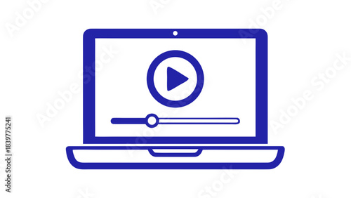 Laptop screen displaying a video player interface with play button and timeline progress bar on a dark background stylized icon