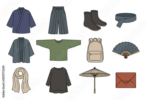 Collection of stylish traditional Japanese garments and accessories set.