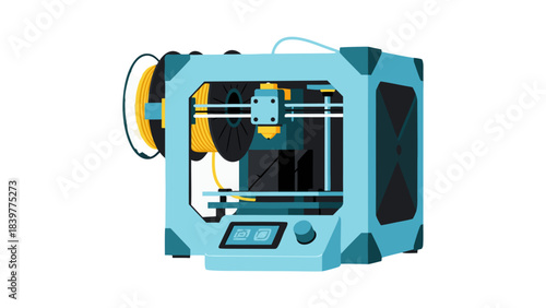 Light Blue 3D Printer With Yellow Filament Spool And Digital Display On Black Background Detailed Illustration Of Modern Technology And Innovation