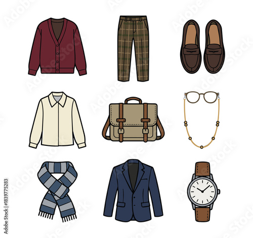 Stylized Illustration of a Complete Men's Wardrobe Collection for Autumn