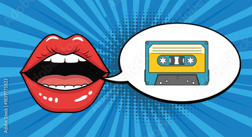 Pop art illustration of vibrant red lips with a speech bubble containing a retro cassette tape, symbolizing music and communication.