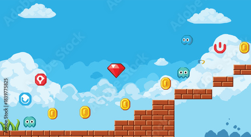 Pixel art scene from a classic 2D platformer video game with coins, enemies, platforms, and a red gem against a cloudy sky.