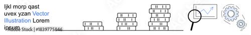 Financial planning, investment growth, business strategy, economic analysis, profit tracking, innovation process. Stacked coins and magnifying glass with chart and gear. Financial planning