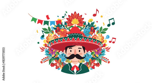 Colorful illustration of a man in a traditional sombrero for a Mexican fiesta, surrounded by vibrant flowers and festive elements.