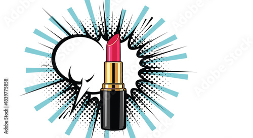 Pop art illustration of a bright pink lipstick in a comic book style explosion with a blank speech bubble for custom text.