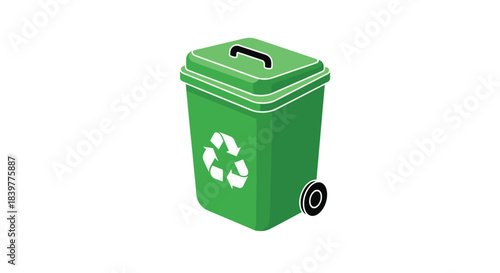 Green wheeled recycling bin with the universal recycling symbol, promoting waste management and environmental conservation at home.