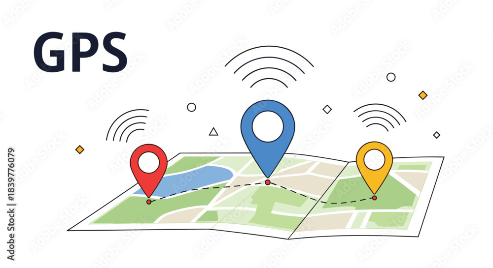 Fototapeta premium GPS navigation and location tracking concept showing a folded map with a route connecting three colorful destination pinpoints.