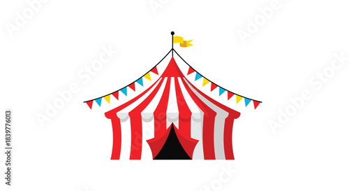 Classic red and white striped circus tent with a yellow flag, isolated on a white background, representing entertainment and fun.