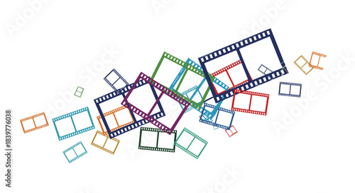 Abstract background with scattered and overlapping colorful film strips, representing cinema, movies, and the film industry.
