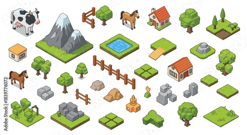 Large set of isometric pixel art assets for creating a farm or village video game, including animals, houses, trees, and terrain.