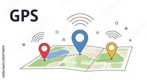 GPS navigation and location tracking concept showing a folded map with a route connecting three colorful destination pinpoints.