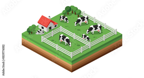 Isometric illustration of a dairy farm with black and white cows grazing in green pastures next to a small farmhouse and trees.