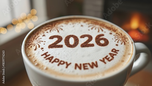 Close-up of a coffee cup featuring a frothy surface with the text 2026 Happy New Year, surrounded by festive decorations and a warm ambiance, creating a cozy celebration atmosphere