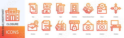 closure icon collection set. Containing Taxes, End Of Contract, Paper, Closed Door, Temporary Business Closure icon