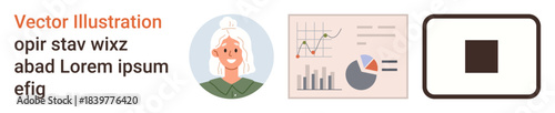 Business analytics, office presentations, professional communication, digital storytelling, user interface design, abstract graphic design. A smiling woman avatar, data graphs, and a square icon