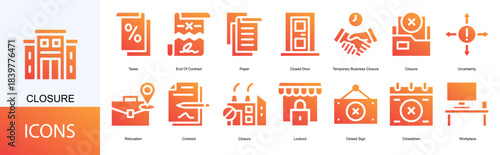 closure icon collection set. Containing Taxes, End Of Contract, Paper, Closed Door, Temporary Business Closure icon
