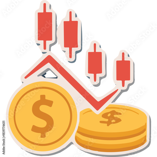 Financial Downturn Depicted By Red Downward Trend Line And Gold Coins With Dollar Signs Suggesting Economic Recession Or Stock Market Loss