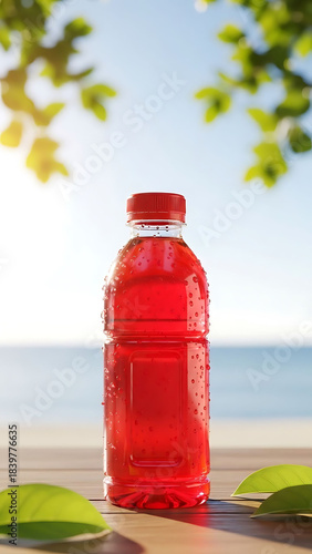 Fresh strawberry juice on a wooden table with beach view and blue sky background, refreshing tropical drink concept in bright vertical composition