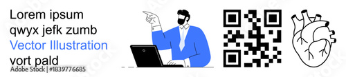 Digital transformation, healthcare communication, QR code functionality, online education, productivity, visual media. Man with laptop, QR code human heart sketch. Technology and healthcare
