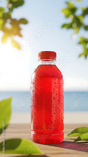 Fresh strawberry juice on a wooden table with beach view and blue sky background, refreshing tropical drink concept in bright vertical composition