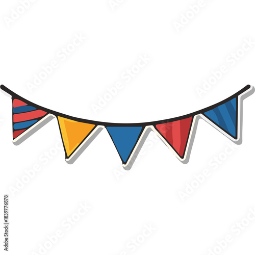 Festive Bunting Flags in Red Blue Yellow with White Outline Isolated on Black Background Celebration Decoration Graphic Element