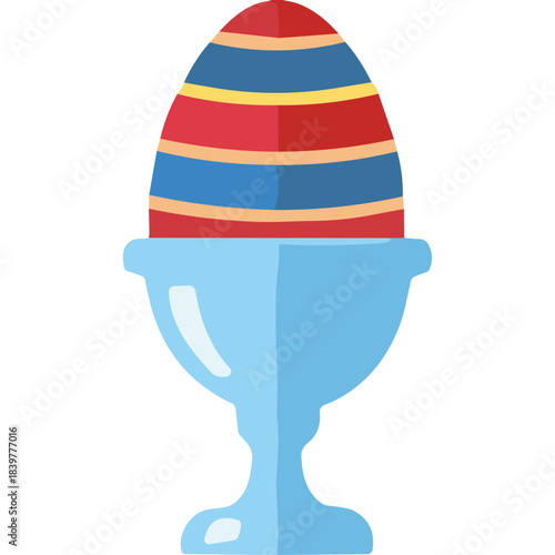Festive Easter Egg Decorated With Colorful Stripes In A Light Blue Egg Cup Against A Black Background
