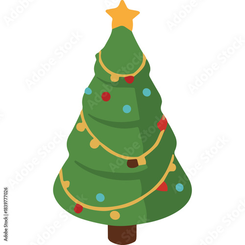 Festive Green Christmas Tree Decorated with Colorful Lights and Star Topper Isolated on Black Background