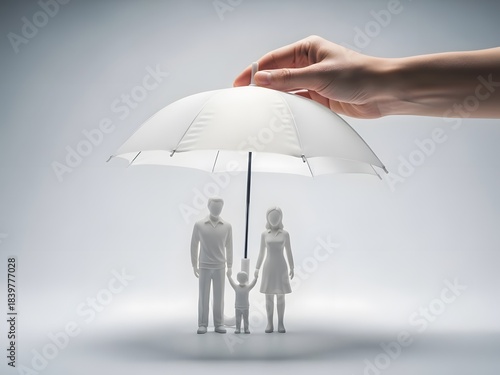 Family Insurance Concept: Hand Holding Umbrella to Provide Protection Over Paper Cutout Family Figurines