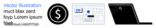 Finance, business analysis, digital tools, online transactions, technology, e-commerce. A dollar symbol inside a circle, digital dashboard screen and a laptop silhouette. Finance and business