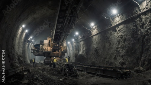 Heavy machinery operating inside a dark underground tunnel construction site with bright lights.
