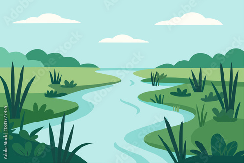 Wetland River Flat Vector Illustration