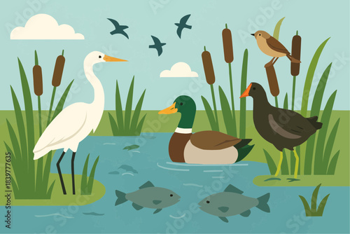 Wetlands Ecosystem Flat Vector Illustration
