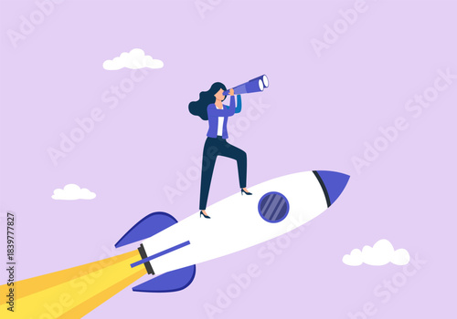 Businesswoman with binocular standing on rocket flying through sky as a symbol of business leadership. Business vision.