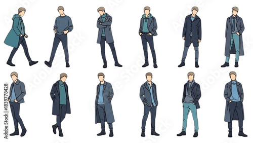 Male fashion figure collection created with Auto Cad software, full body poses.
